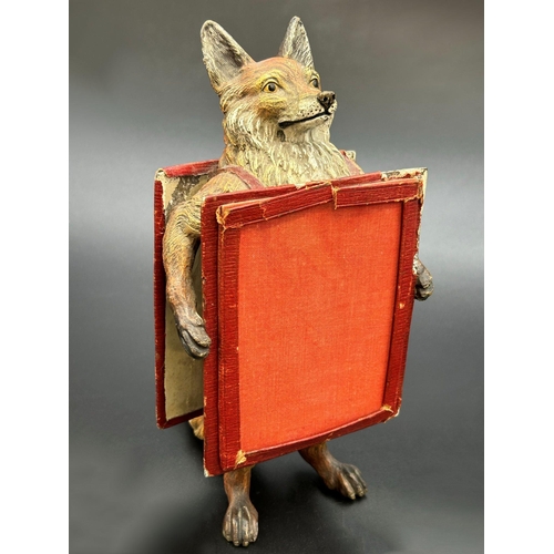 414 - Rare good quality Bergman bronze study of a standing fox holding a leather framed A-board, unmarked,... 