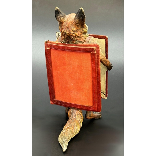 414 - Rare good quality Bergman bronze study of a standing fox holding a leather framed A-board, unmarked,... 