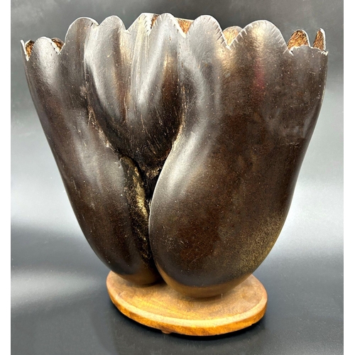 1148 - Good coco de mere nut converted into a twin vessel vase, 31 x 11cm