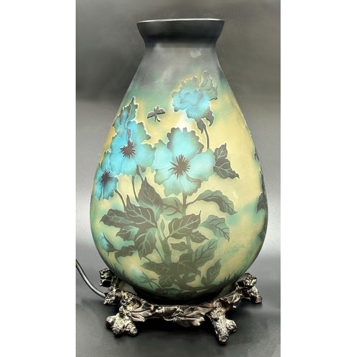 1220 - Good cameo glass baluster vase lamp, decorated with peonies, on cast metal naturalistic base, 35cm h... 