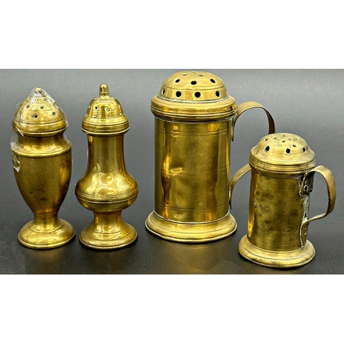 1182 - Two similar Georgian brass casters in the form of steins, 11 and 8cm high respectively, with a furth... 