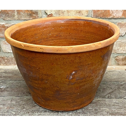 1001 - Good large antique glazed terracotta crock pot with lid, 46cm high x 44cm diameter