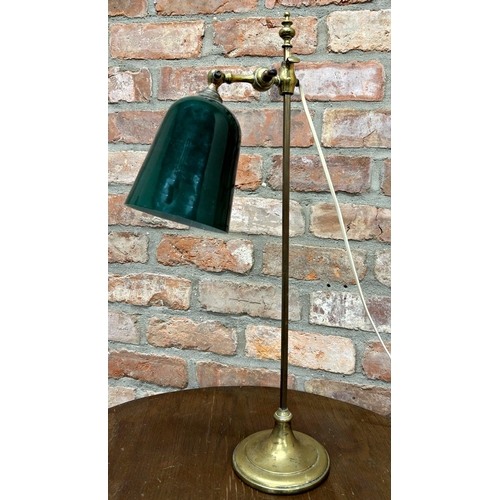 1221 - Good brass rise and fall students lamp, with emerald green shade, 63m high