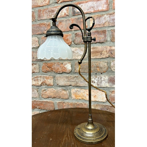 1222 - Good brass rise and fall students lamp with vaseline glass petal shade, 53cm high