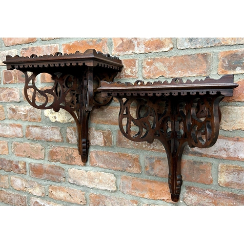 388 - Good quality pair of mahogany wall brackets, turreted rim and pierced gothic bracket, 40cm high x 35... 