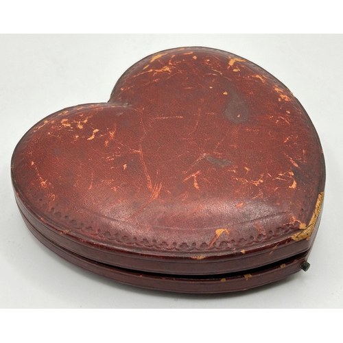 416 - Good quality Morocco leather sweethearts box fitted with two gilt framed portraits, abalone shell he... 