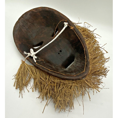 1042 - African tribal mask with clay eyes and straw beard, 53 x 43cm