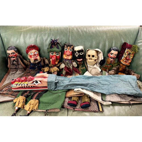 1150 - Extraordinary Antique Punch and Judy set, comprising Mr Punch, Judy, Crocodile, Ghost, Monster and u... 
