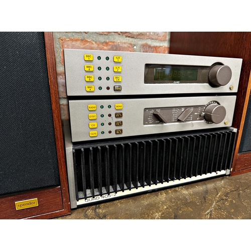 1119 - Quad 405-2 amplification stereo system, comprising FM4 Tuner, 3-4 control unit, amp and a pair of Sp... 