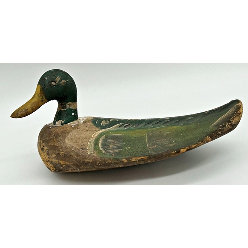 1142 - Victorian carved softwood decoy duck, with original paint, 38cm long x 21cm high