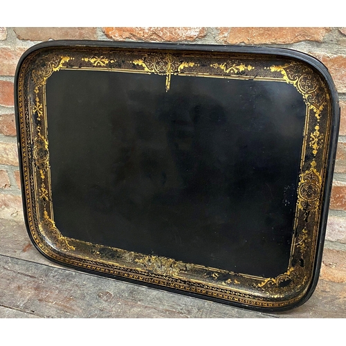 1103 - A good quality Victorian papier-mache ebonised tray with gilt borders, 72cm x 57cm