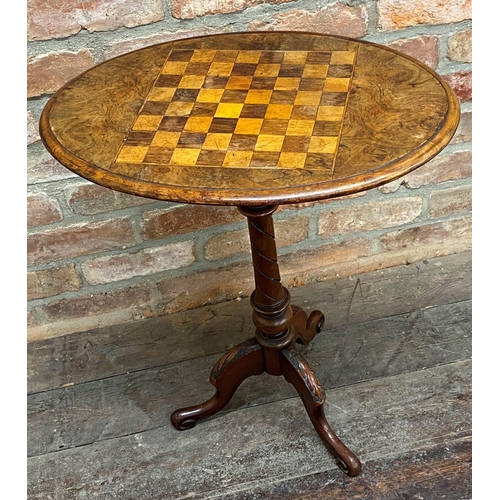 1398 - Victorian walnut games tripod table, 68cm high x 57cm long