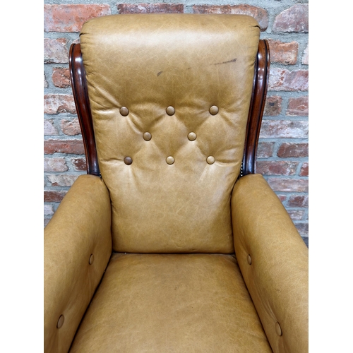 1479 - Exceptional quality late Regency mahogany framed library chair, with tan leather buttoned upholstery... 