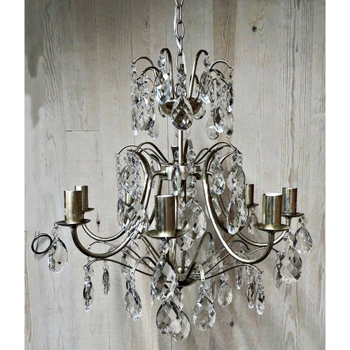 1211 - A contemporary pair of silvered metal crystal drop chandeliers with various glass prismatic drops, 5... 