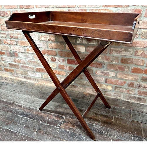 1415 - 19th century mahogany butlers tray on folding stand, 94cm high x 89cm wide x 54cm deep