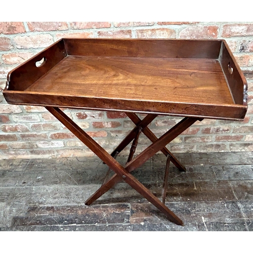 1415 - 19th century mahogany butlers tray on folding stand, 94cm high x 89cm wide x 54cm deep