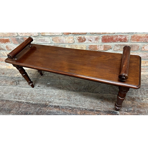 1417 - Regency mahogany window bench, with scrolled ends and turned legs, 50cm high x 106cm long