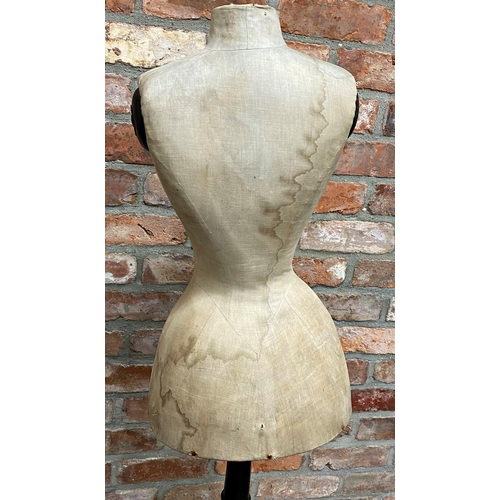 1402 - Good quality antique tailors mannequin dummy on tripod stand, possibly for corsets, 130cm high