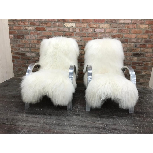 1304 - Incredible pair of vintage space age lounge chairs with curved aluminium frames and fluffy 