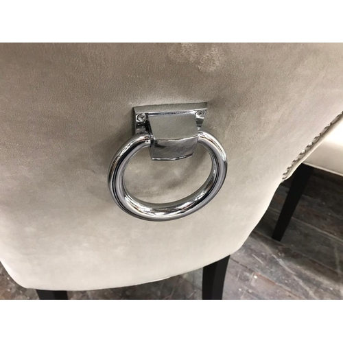 1305 - Good quality set of eight velvet button back dining chairs with applied chrome hoop pull handles to ... 