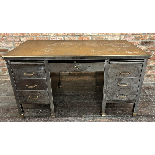 1306 - Good late 1930s vintage industrial stripped and polished steel tanker type twin pedestal desk, the r... 