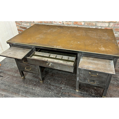 1306 - Good late 1930s vintage industrial stripped and polished steel tanker type twin pedestal desk, the r... 