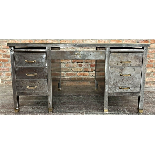 1306 - Good late 1930s vintage industrial stripped and polished steel tanker type twin pedestal desk, the r... 