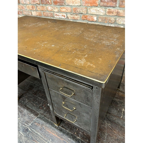 1306 - Good late 1930s vintage industrial stripped and polished steel tanker type twin pedestal desk, the r... 