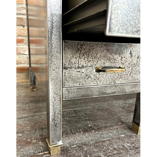 1306 - Good late 1930s vintage industrial stripped and polished steel tanker type twin pedestal desk, the r... 