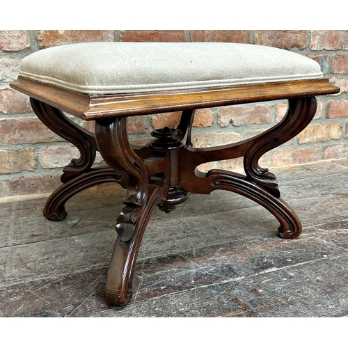 1428 - Early Victorian mahogany upholstered stool, x frame, 45cm high x 53 & 53cm