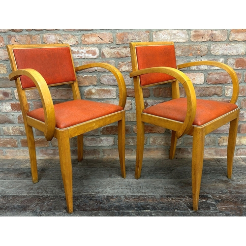 1307 - Pair of Art Deco bridge carver chairs, beech frames and red upholstery (2)