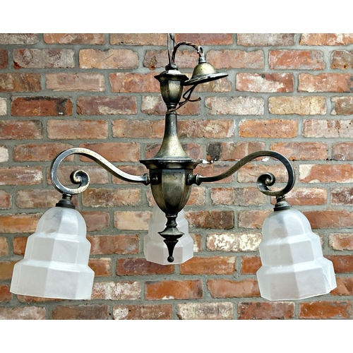 1214 - Brass three branch ceiling light with three stepped glass shades