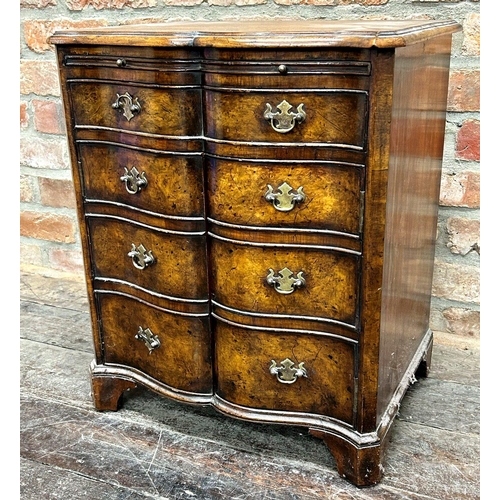 1430 - Georgian style burr walnut reverse serpentine small cabinet, brush slide, single drawer and twin doo... 