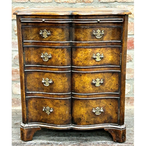 1430 - Georgian style burr walnut reverse serpentine small cabinet, brush slide, single drawer and twin doo... 