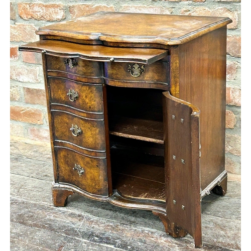 1430 - Georgian style burr walnut reverse serpentine small cabinet, brush slide, single drawer and twin doo... 