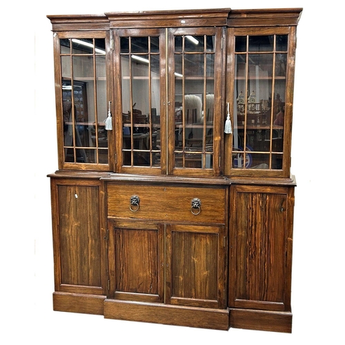 1433 - Good quality Regency rosewood breakfront secretaire bookcase with raised glazed back enclosing a she... 