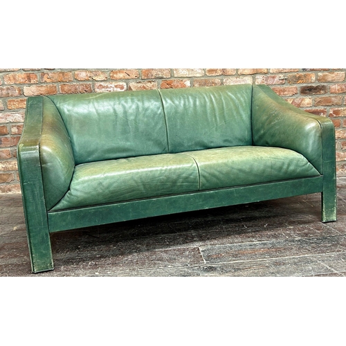 1311 - Good quality mid century Italian green leather sofa, with stylised shaped ends, 161cm long