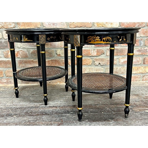 1435 - A good decorative pair of chinoiserie lacquered glass topped side tables with gilt relief and decora... 