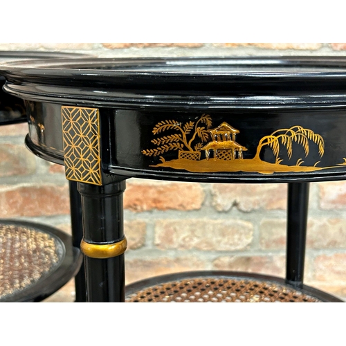 1435 - A good decorative pair of chinoiserie lacquered glass topped side tables with gilt relief and decora... 