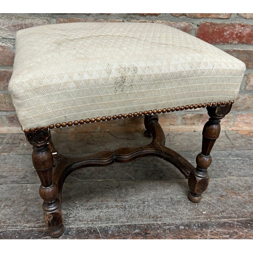 1441 - 19th century stuff over oak footstool with studded upholstery and wavy x-stretcher, 45cm high x 56cm... 