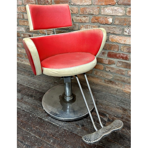 1317 - 1950s Italian chrome based swivel barbers chair in two tone red and cream upholstery, 92cm high