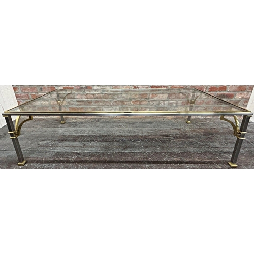 1318 - Hollywood chic Willie Rizzo style stainless steel and brass glass topped coffee table with gilt brac... 