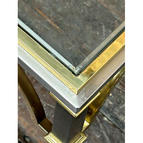 1318 - Hollywood chic Willie Rizzo style stainless steel and brass glass topped coffee table with gilt brac... 