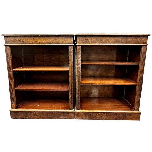 1448 - A pair of Georgian style walnut veneered dwarf bookcases, fitted shelves and fluted pilasters, each ... 