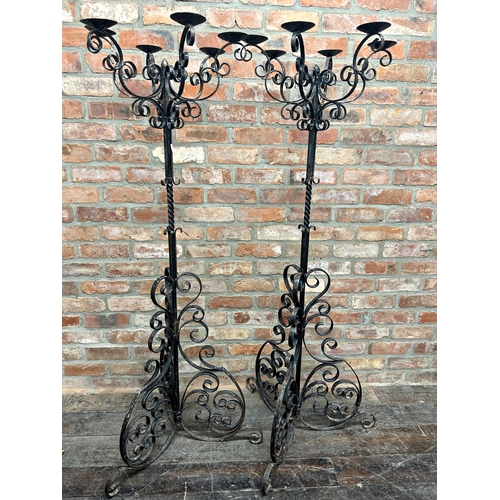 1225 - Good pair of wrought iron five brand floorstanding candelabras, 161cm high