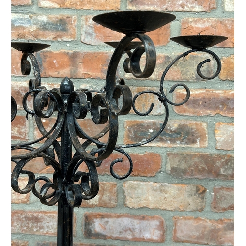 1225 - Good pair of wrought iron five brand floorstanding candelabras, 161cm high