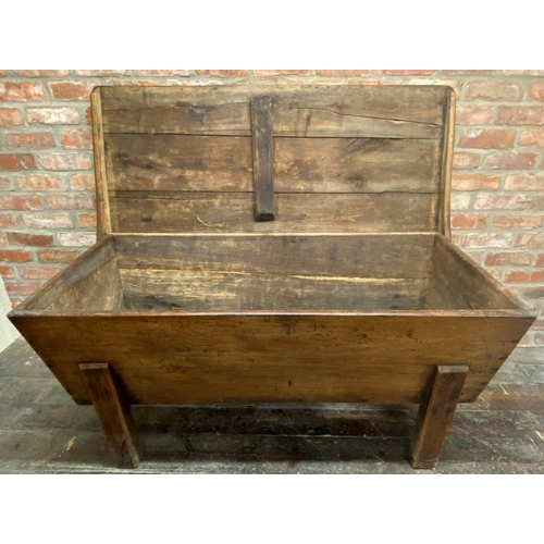 1406 - Georgian elm dough bin, the hinged top on a tapered base and four style legs, 69cm high x 143cm wide... 