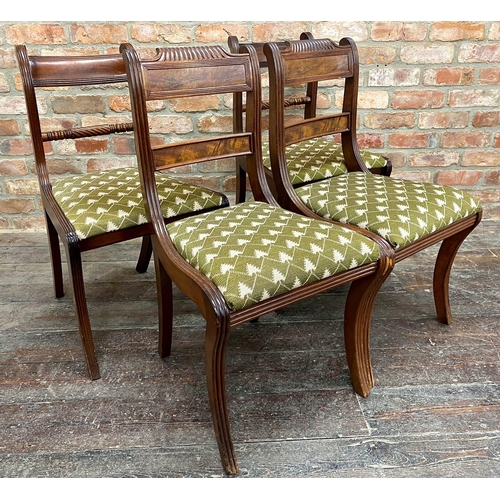 1399 - Two pairs of Regency flame mahogany dining chairs with drop-in seats with a similar carver all with ... 