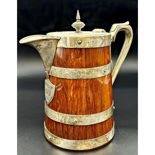 202 - Good quality oak and silver plated coopered jug, with porcelain interior, inscribed 'OUAC 1890 1/4 M... 