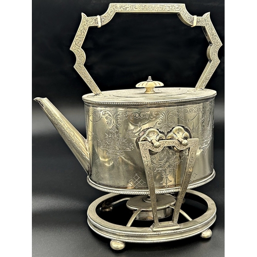 203 - Victorian silver plated oval spirit kettle on stand, engraved with floral swags and birds, 36cm high